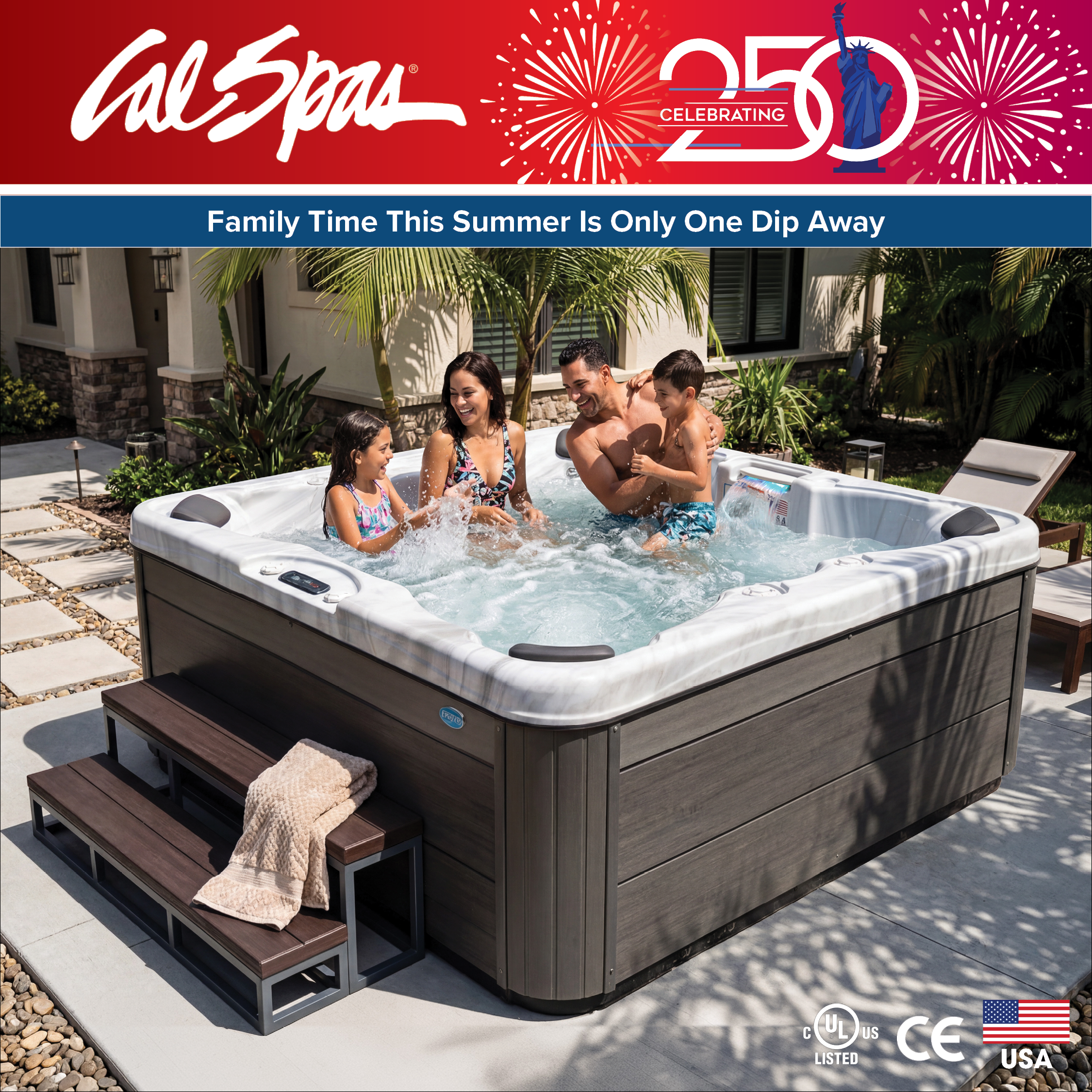 Calspas hot tub being used in a family setting - Casagrande